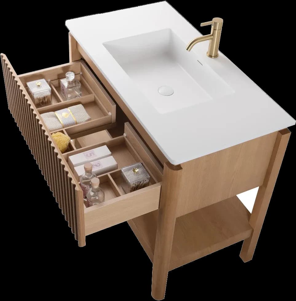 Set mobilier baie pe pardoseală din lemn Sylvan 100 cm cu lavoar din compozit și oglindă LED