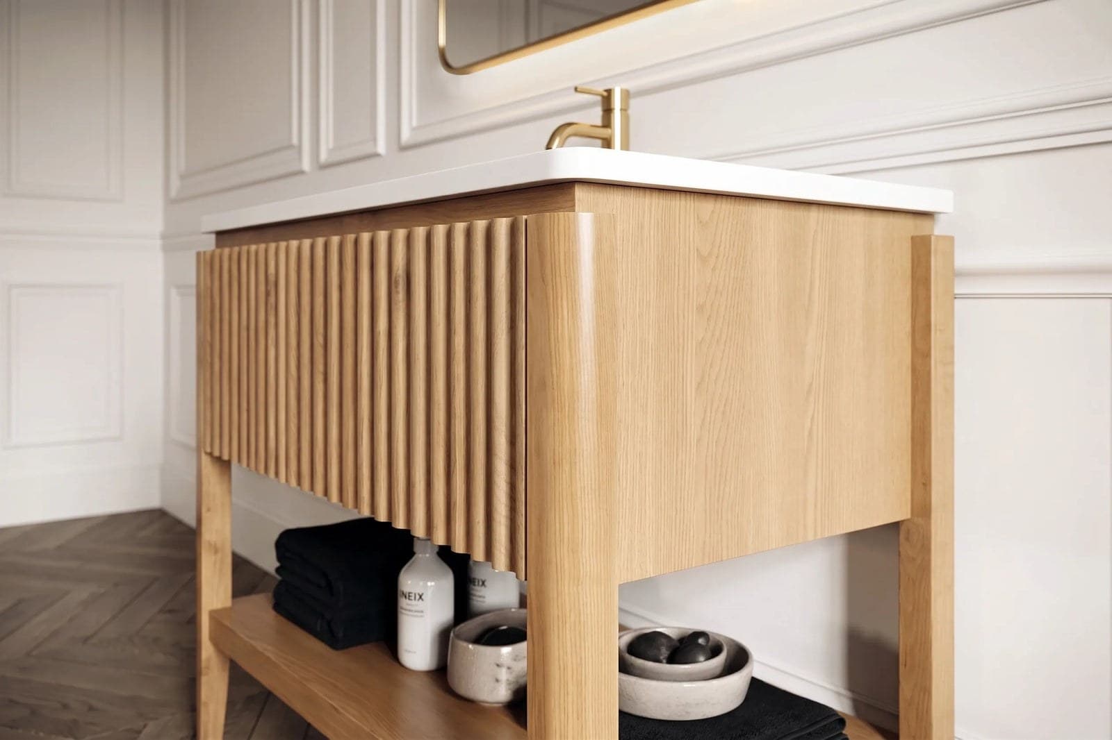 Set mobilier baie pe pardoseală din lemn Sylvan 100 cm cu lavoar din compozit și oglindă LED - montat