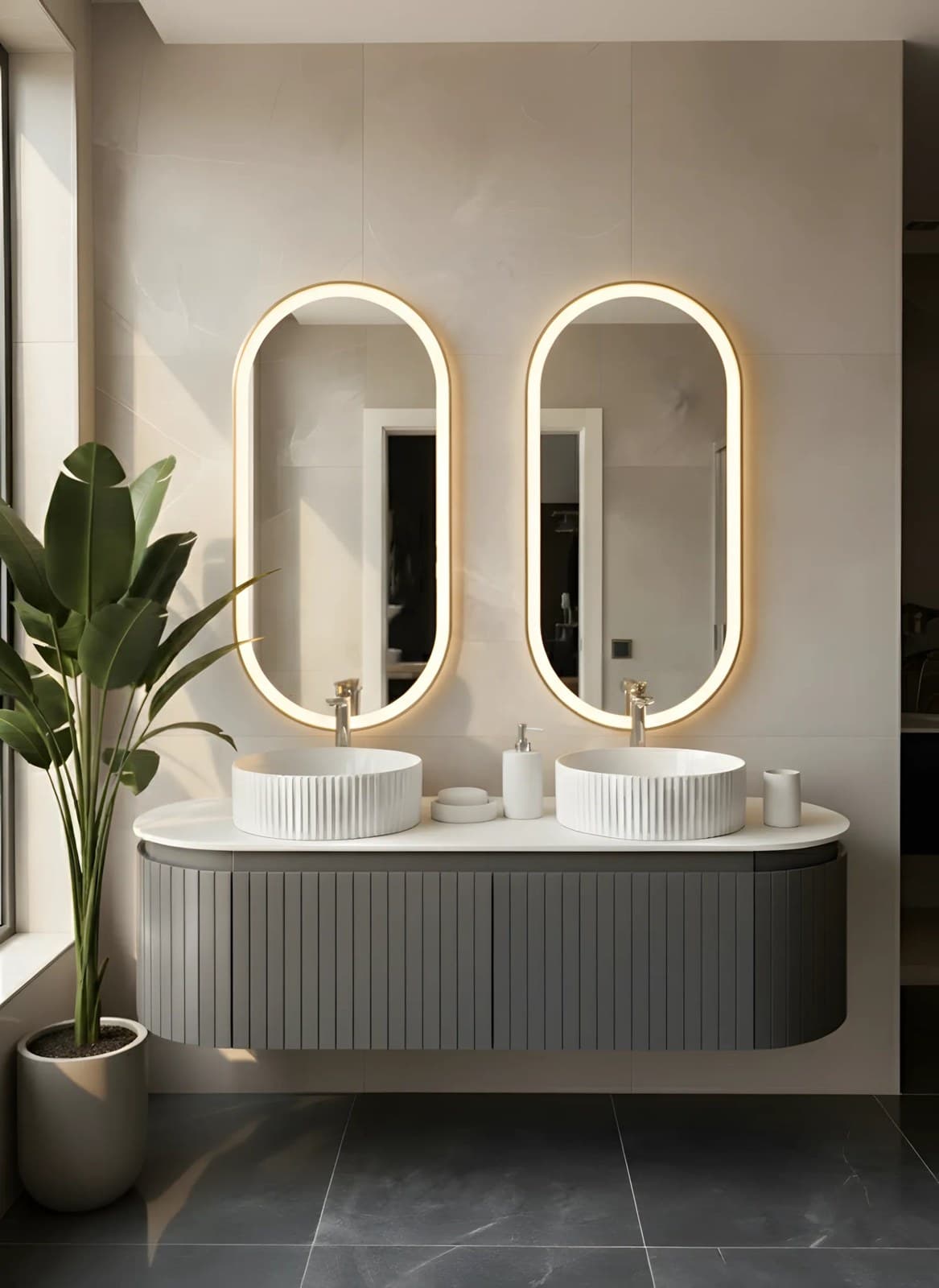 Set Mobilier baie suspendat dublu Medeea 150 cm cu două lavoare din compozit și oglinzi LED