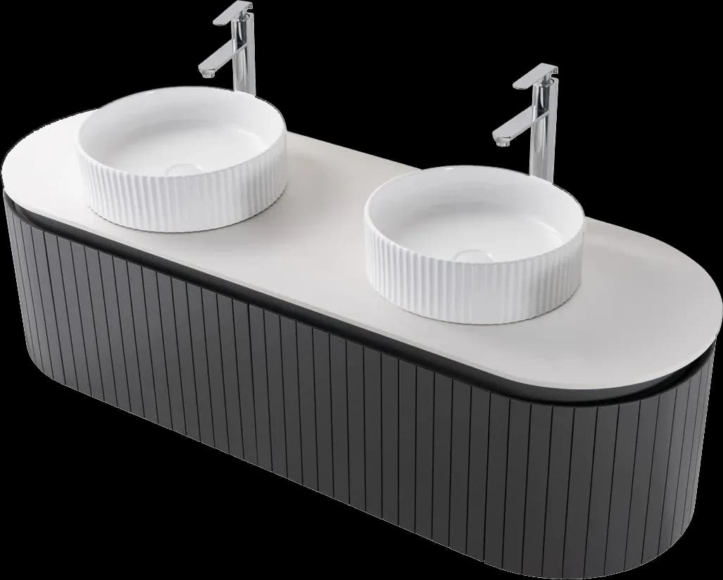Set Mobilier baie suspendat dublu Medeea 150 cm cu două lavoare din compozit și oglinzi LED