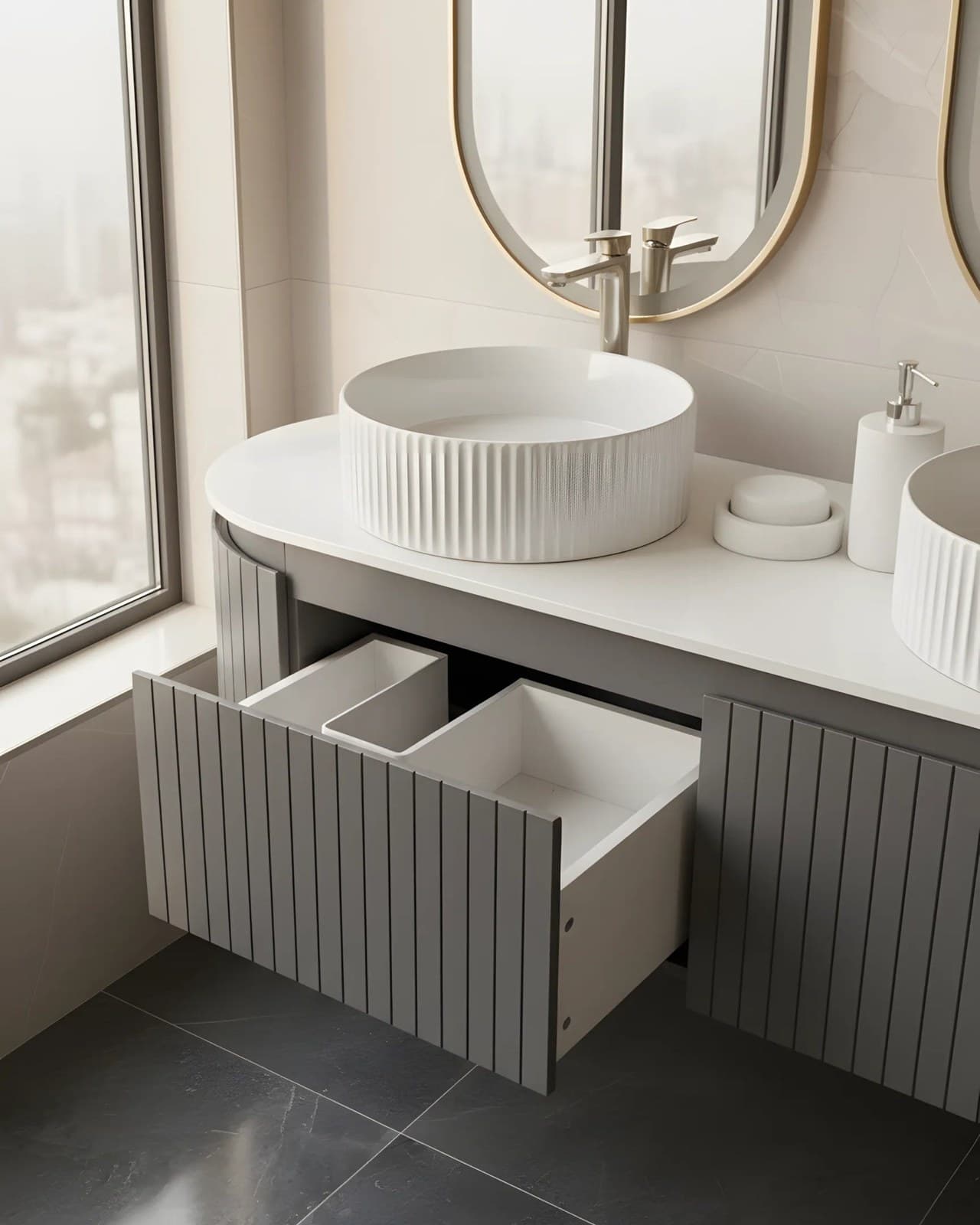 Set Mobilier baie suspendat dublu Medeea 150 cm cu două lavoare din compozit și oglinzi LED - montat