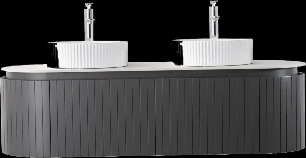 Set Mobilier baie suspendat dublu Medeea 150 cm cu două lavoare din compozit și oglinzi LED