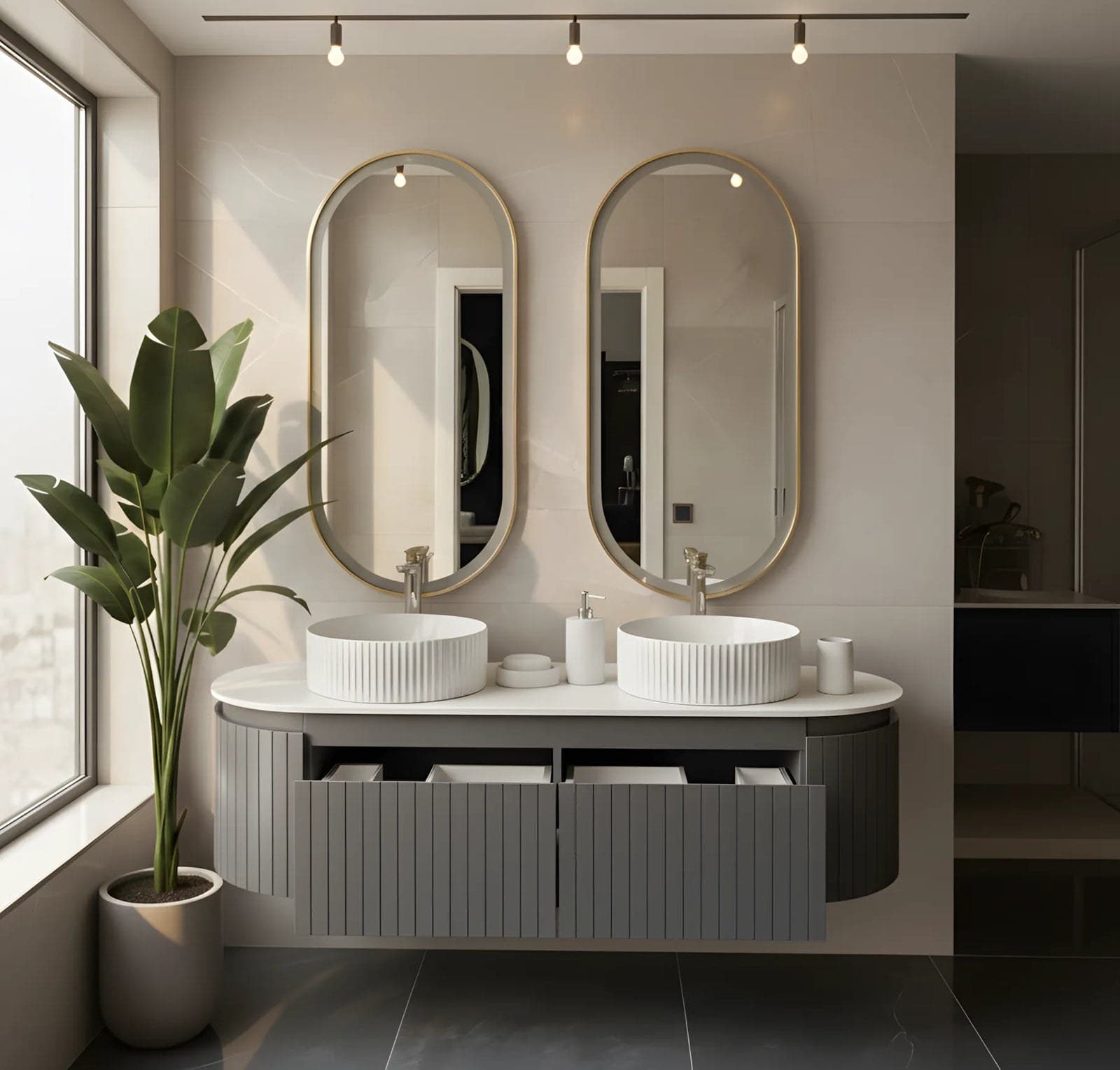 Set Mobilier baie suspendat dublu Medeea 150 cm cu două lavoare din compozit și oglinzi LED - montat