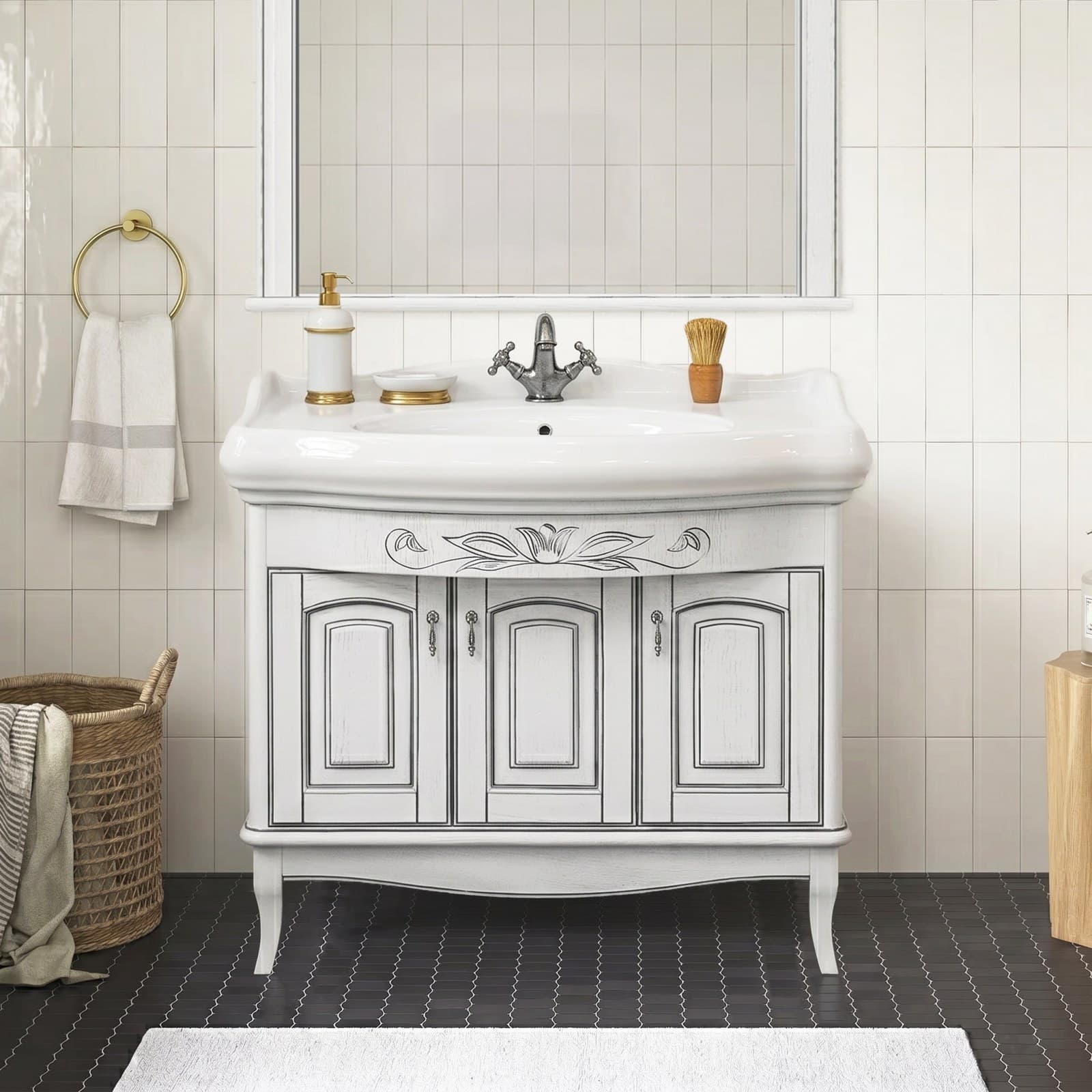 Set mobilier de baie pe pardoseală + oglindă Mikella, Alb+Crom