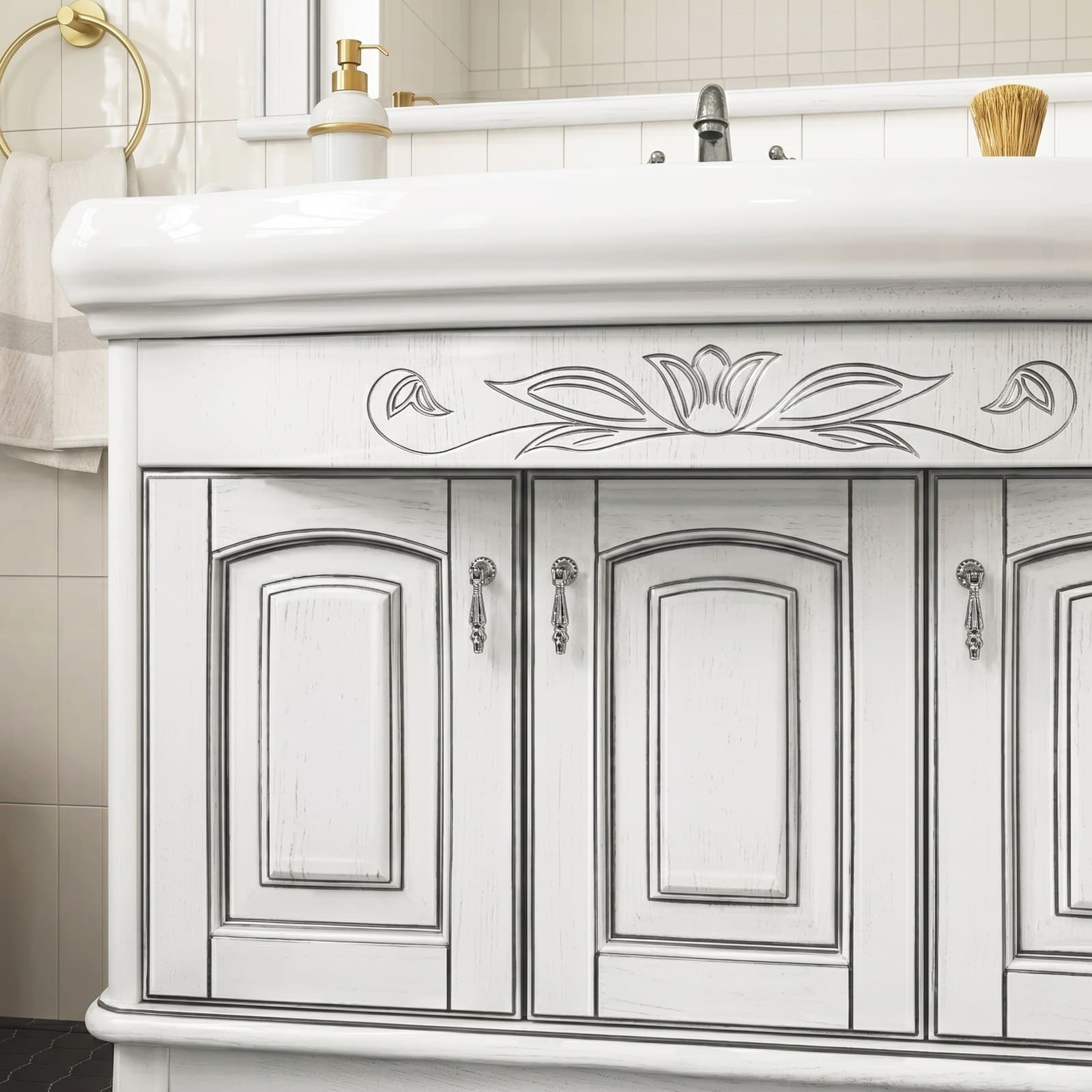 Set mobilier de baie pe pardoseală + oglindă Mikella, Alb+Crom - montat
