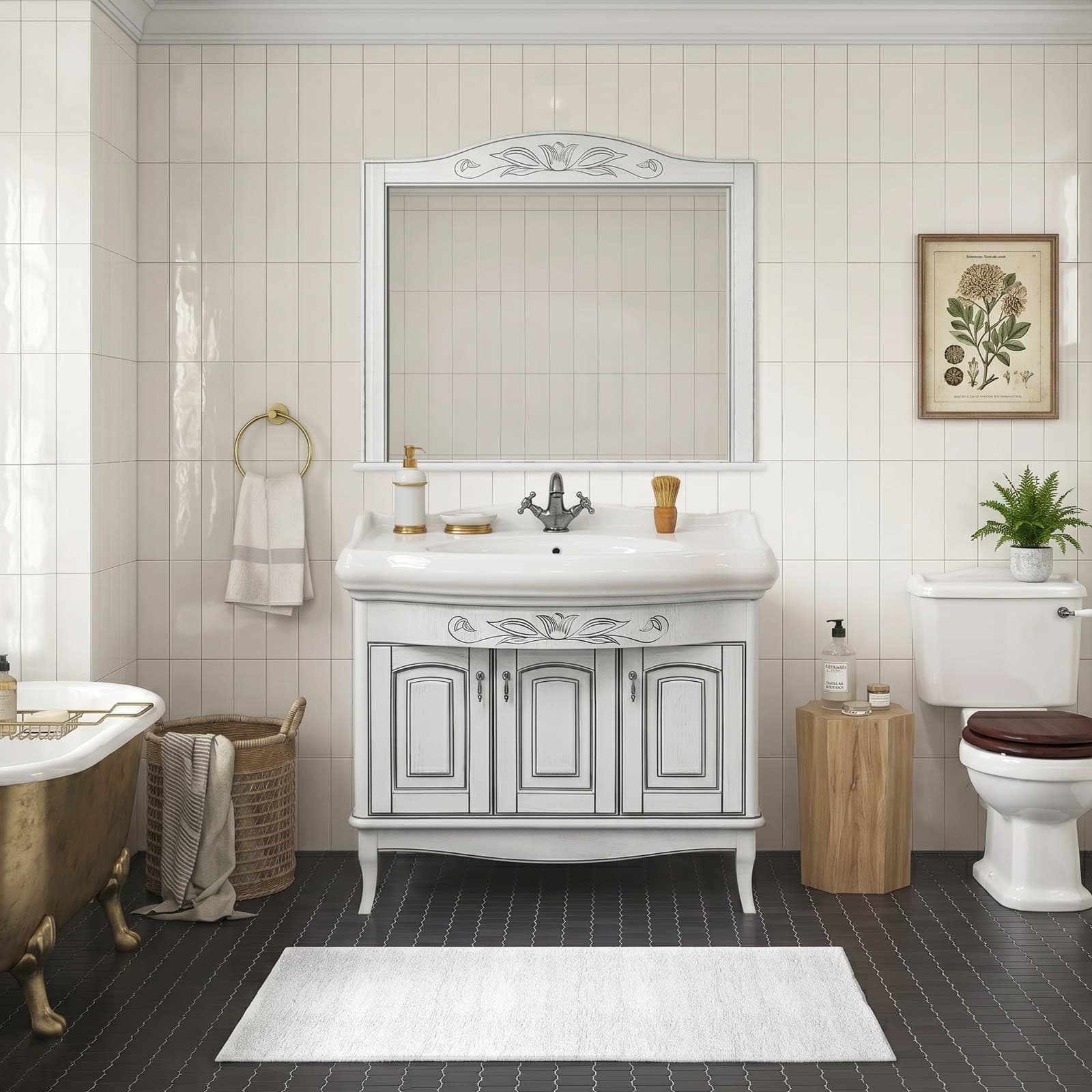 Set mobilier de baie pe pardoseală + oglindă Mikella, Alb+Crom - montat