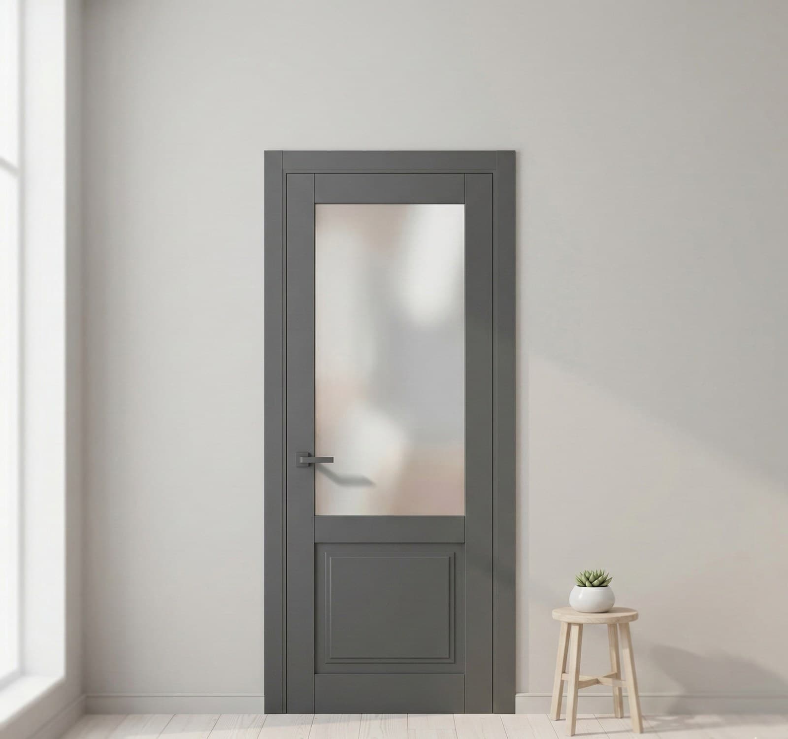 Ușă de interior ML-11 cu panou vitrat mat și frezări elegante
