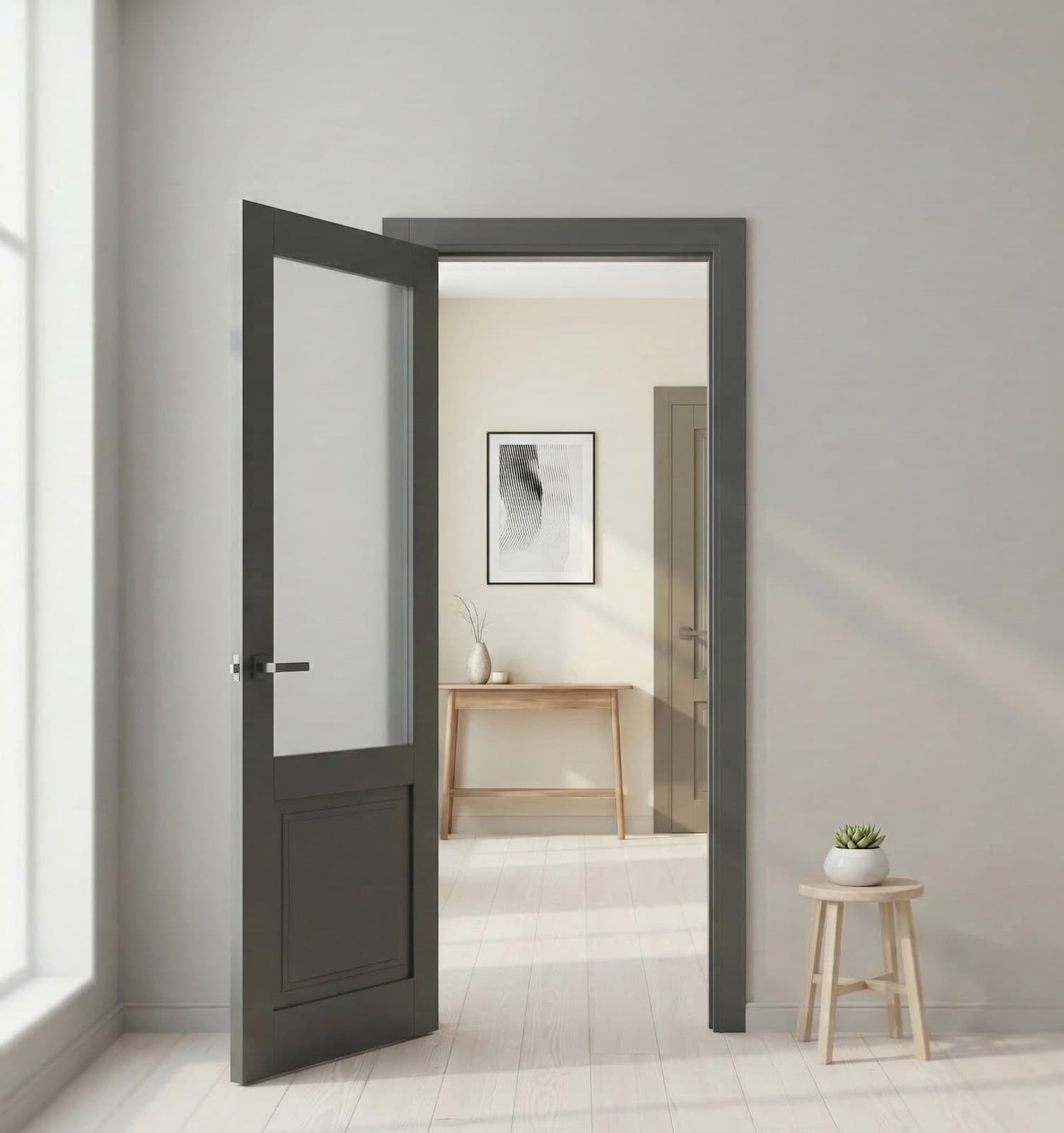 Ușă de interior ML-11 cu panou vitrat mat și frezări elegante - montat