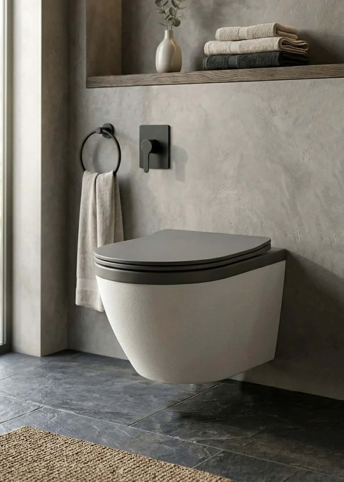 Vas WC Suspendat Rimless - Alb Mat Texturat cu Capac Gri Închis Mat - montat